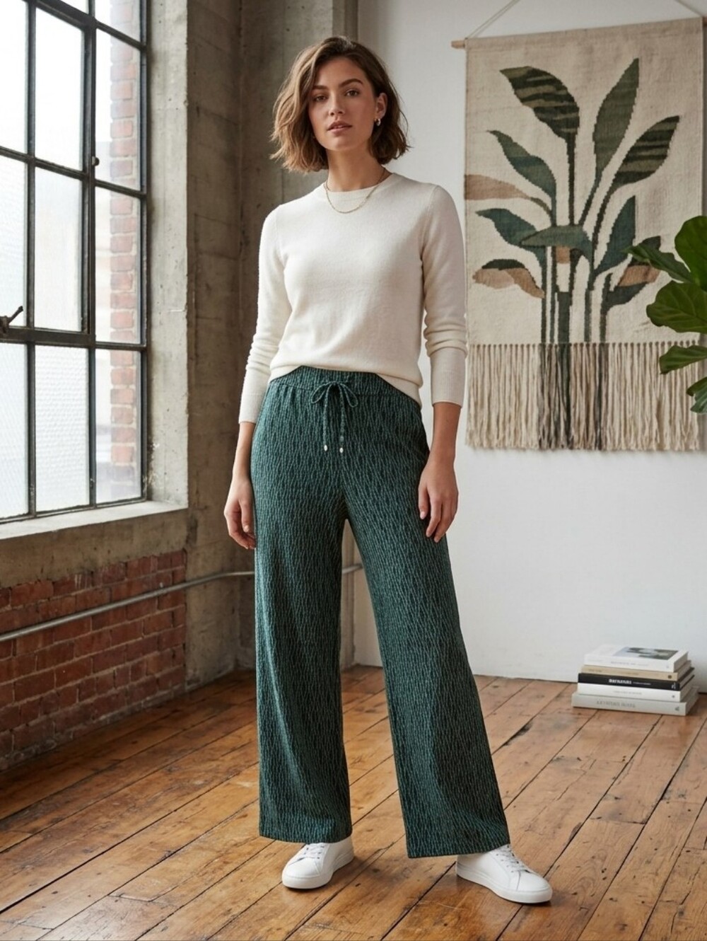 SOHO Black & Green Geometric Textured Wide Leg Pants Elastic Drawstring Waist XL